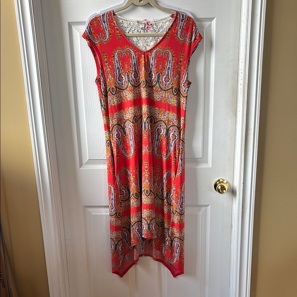 Orange-Red Asymmetrical High Low Sundress V-Neck, Lace Back Insert and Pockets